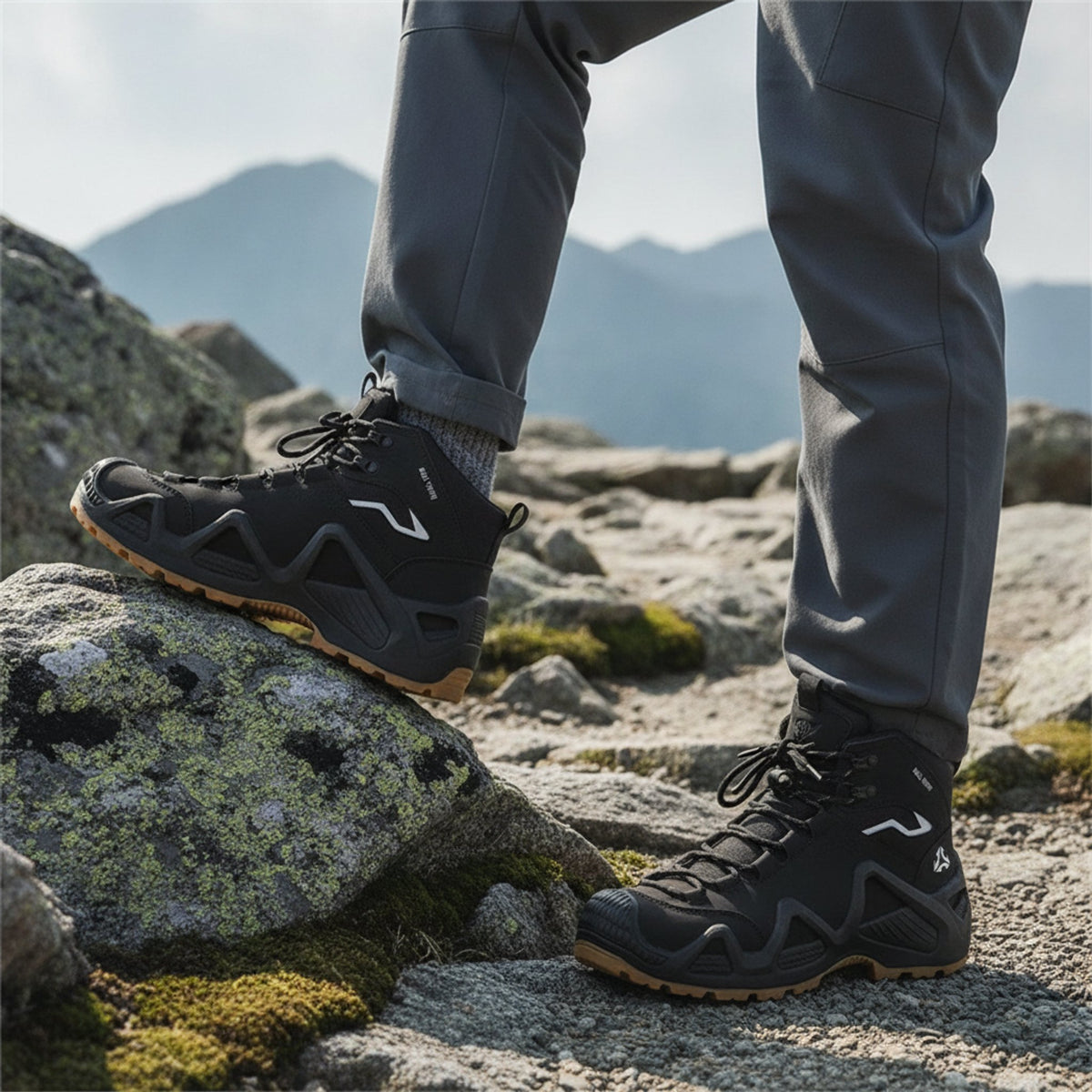 Henner Mount Wanderschuhe Unisex in Schwarz – Fuss auf einem Felsen am Bergpfad