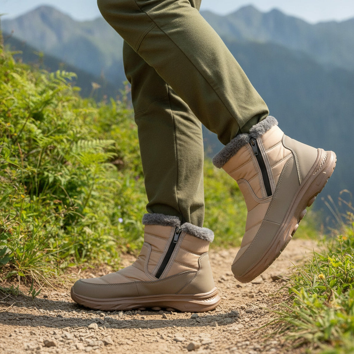 Henner Mut – Winterstiefel mit Seitlicher Reissverschluss Wanderschuhe Unisex in Beige – seitliche Gehbewegung auf dem Wanderweg