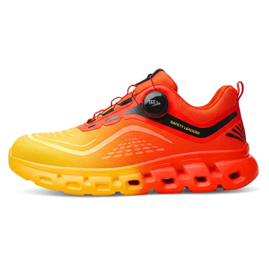 Leichte Arbeitsschuhe in Orange mit gelber Sohle und Drehverschluss-System