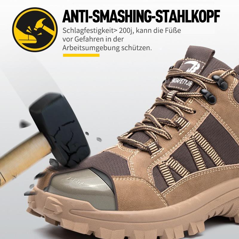 Anti-Smash-Demo – Hammer trifft Zehenkappe des beigen Schuhs, Titan schützt