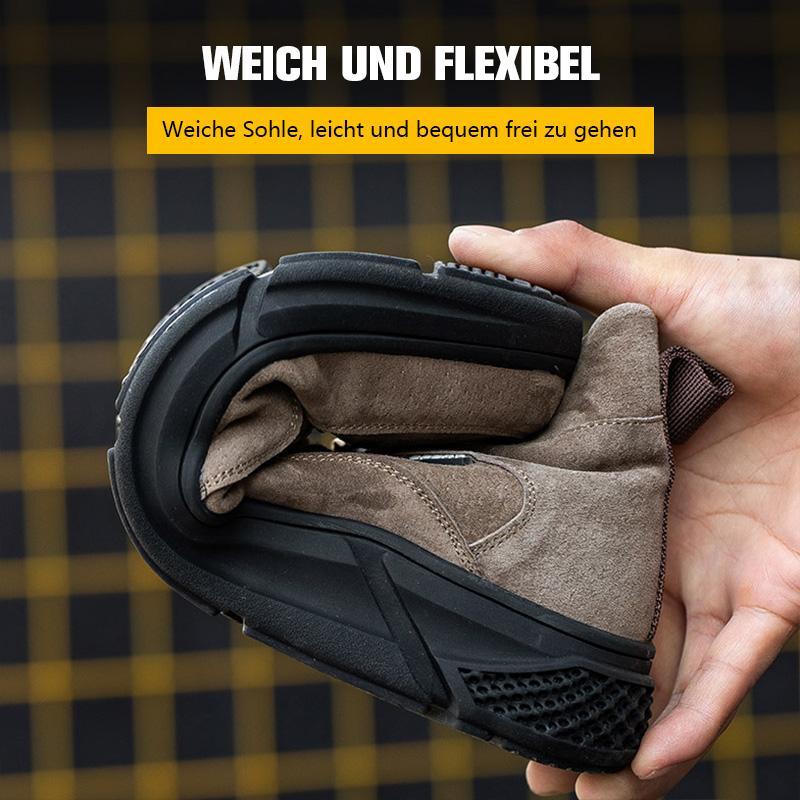 Flexibilitätstest: Hand biegt Ferse, weiches Wildleder-Upper