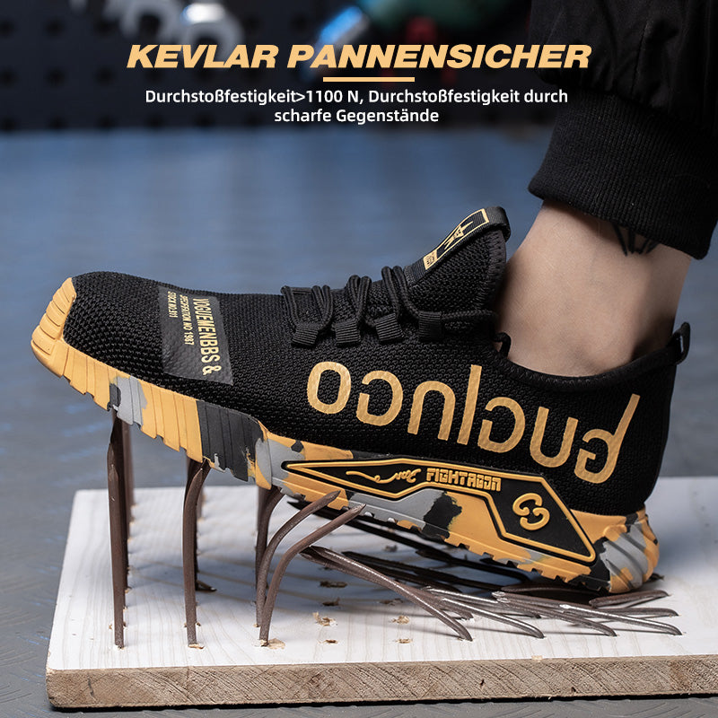 Hammerschlag-Test: Stahlkappe hält, Graffiti Schuh Gelb-Schwarz