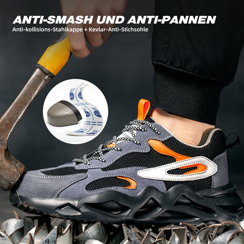 Stoßtest: Schuh Grau-Orange, Stahlkappe widersteht Hammerschlag (Anti-Smash)