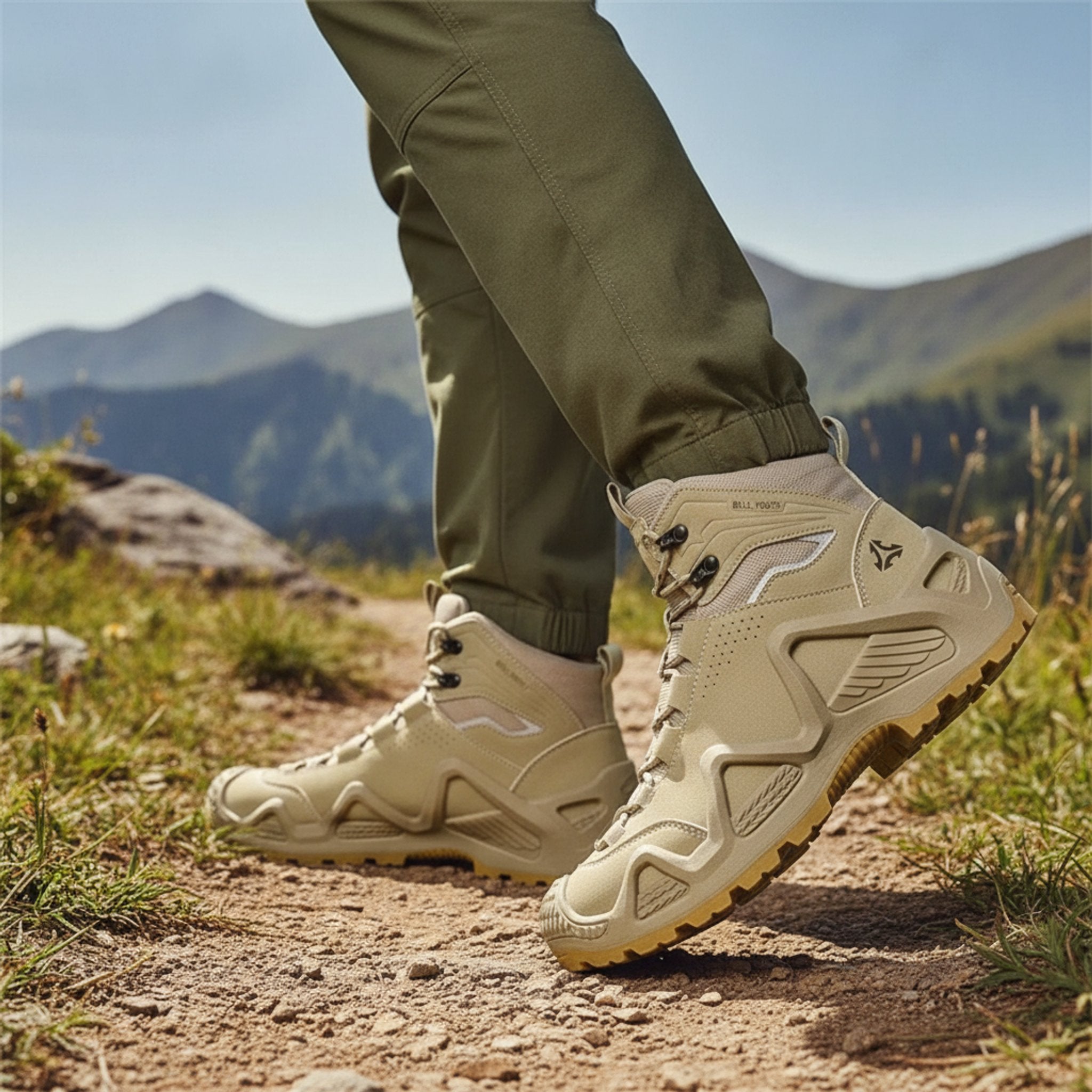 Henner Mount Wanderschuhe Unisex in Beige – seitliche Gehbewegung auf dem Wanderweg