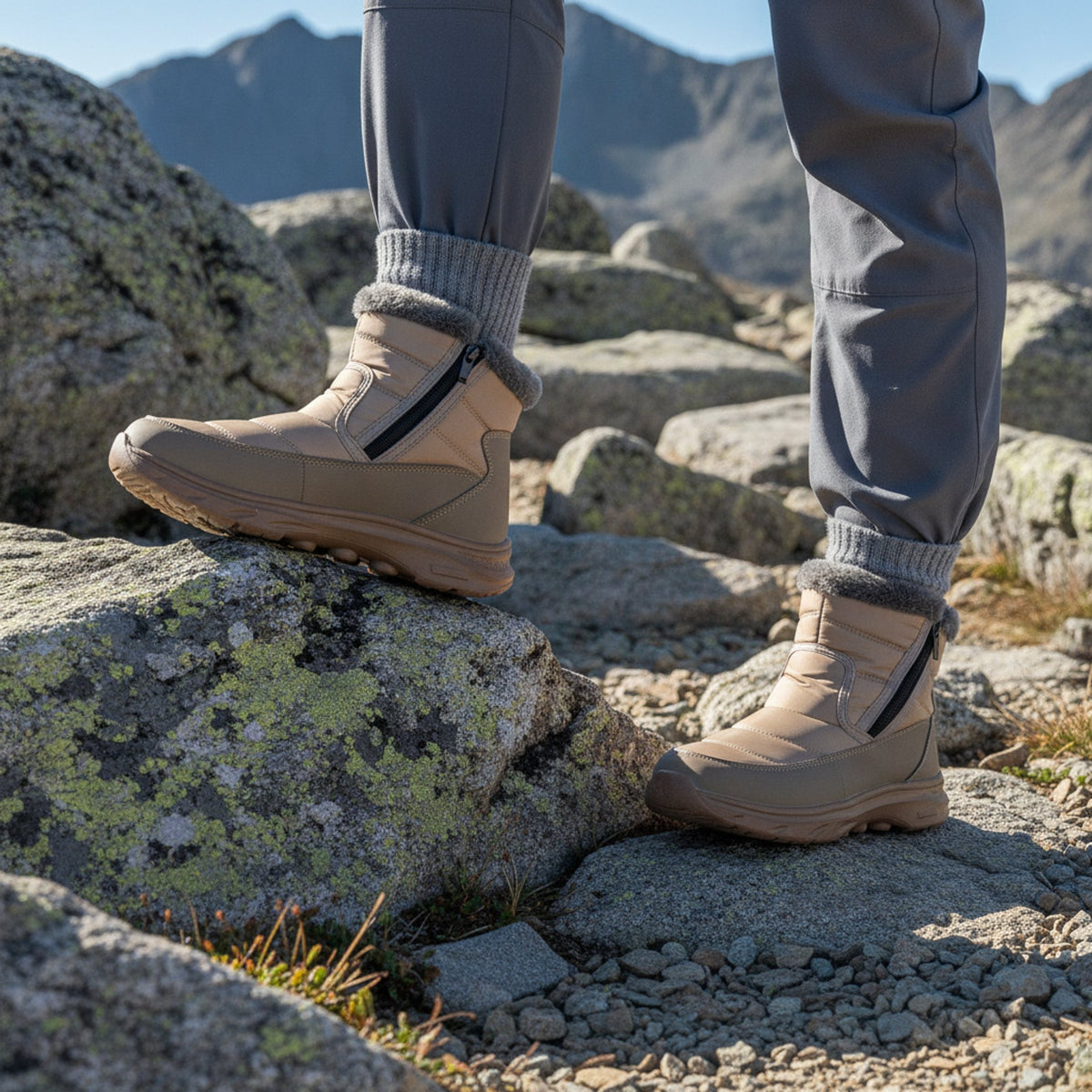 Henner Mut – Winterstiefel mit Seitlicher Reissverschluss Wanderschuhe Unisex in Beige – Fuss auf einem Felsen am Bergpfad