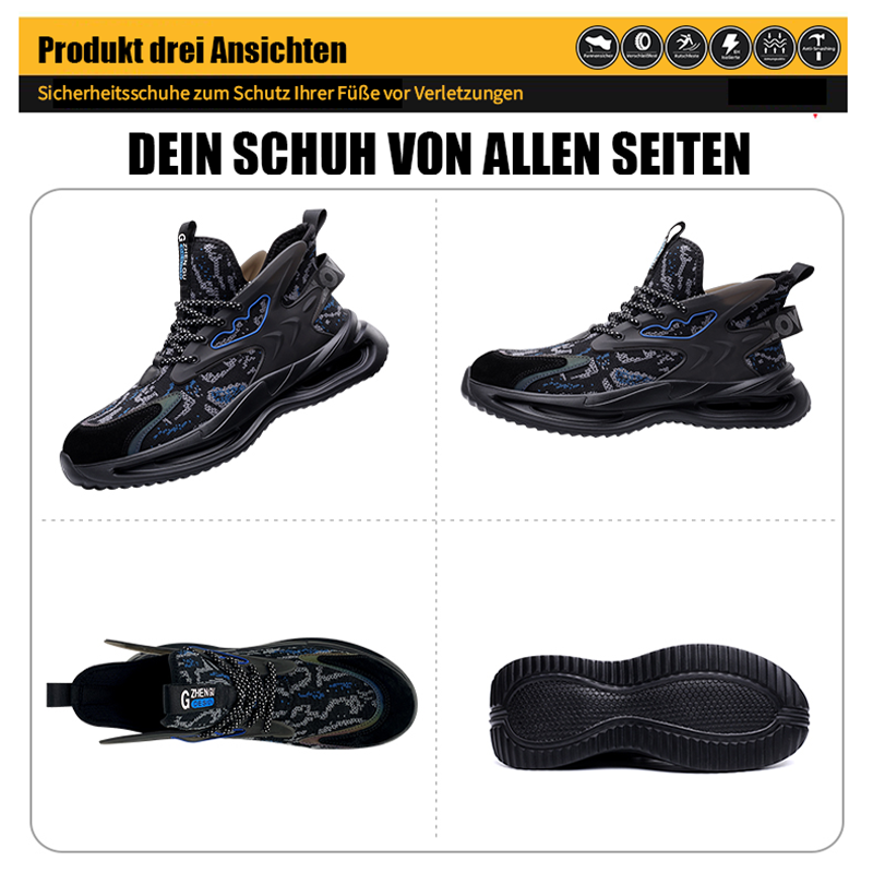 Detail atmungsaktives Mesh und Logo Blau, Anti-Smash Sicherheitsschuh