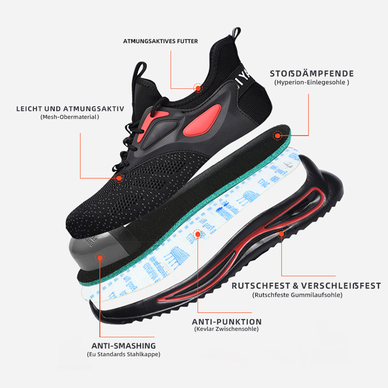 Collage: Hammerschlag- und Flex-Tests, S1P Sicherheits-Sneaker