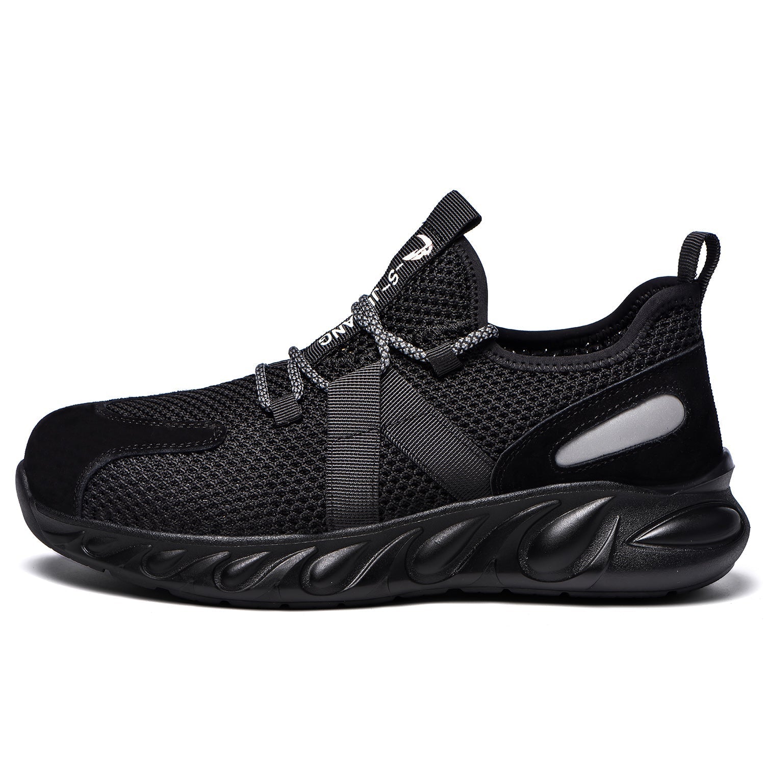 Nahaufnahme Strick-Upper „SM S+“-Logo, grauer Boden