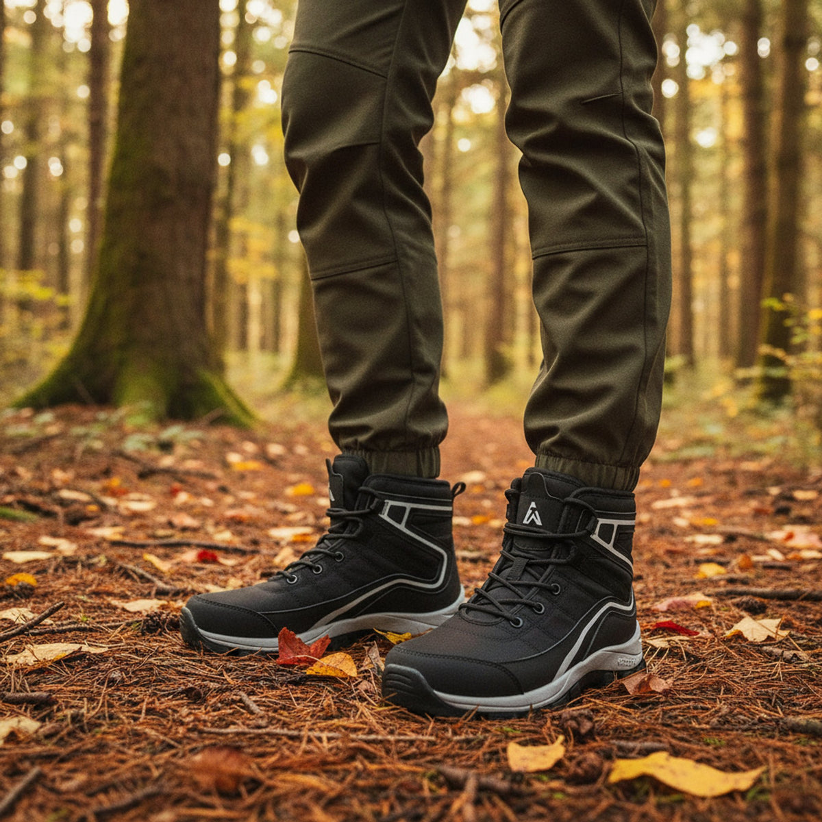 Henner Domea – Bequeme Outdoor-Schnürstiefel, warm gefüttert Wanderschuhe Damen in Schwarz – auf einem Waldweg