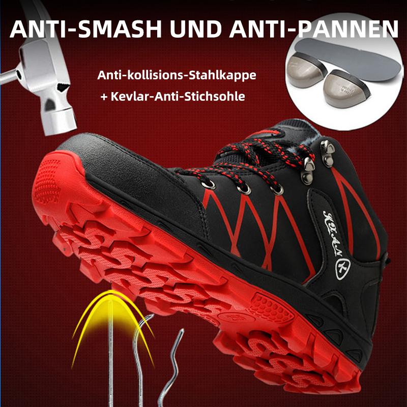 Collage: 4 Einsatzbilder Schuh Schwarz-Rot bei Schnee & Bau