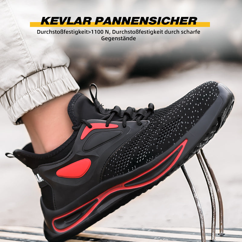 Stoßdämpfungstest: S1P Schuh Schwarz-Rot auf Holzpalette