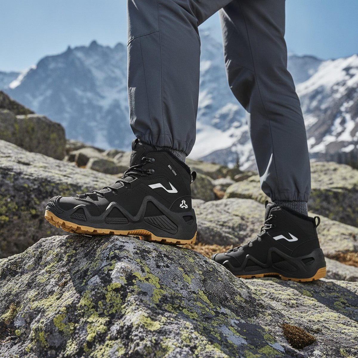 Henner Hennert Mount 2.0 Warmfutter Wanderschuhe Unisex in Schwarz – Fuss auf einem Felsen am Bergpfad