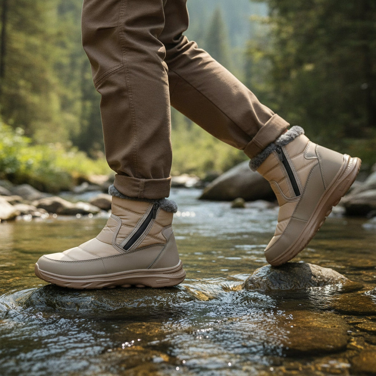 Henner Mut – Winterstiefel mit Seitlicher Reissverschluss Wanderschuhe Unisex in Beige – Überquerung eines Bachs