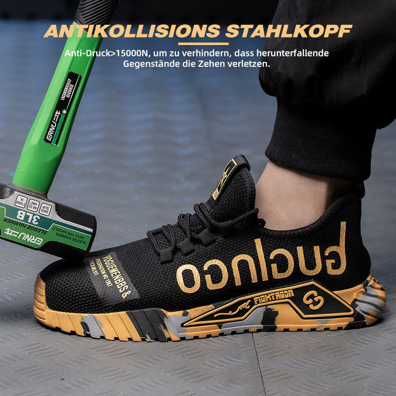 Flex-Test: Graffiti Schuh Gelb-Schwarz auf Stahlrohr, EVA-Sohle