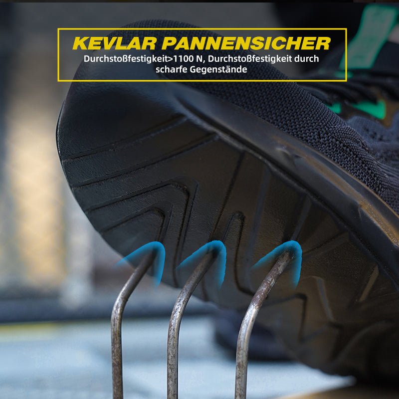 Schwarz-grüner Schuh tritt auf gelb-schwarze Palette – Stoßdämpfungsdemo