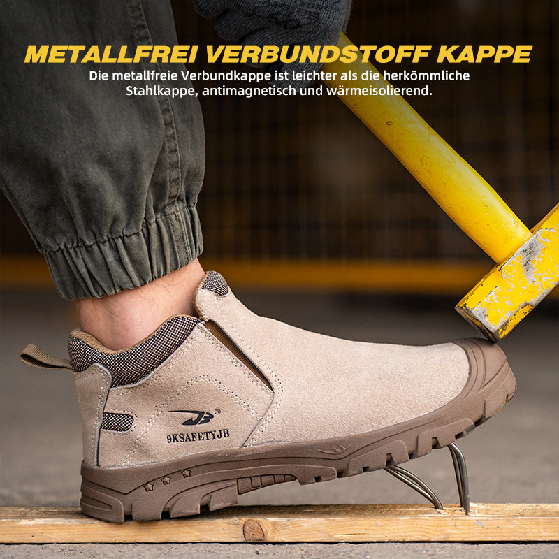 Flexibilitätstest: S1P Stiefel Beige unter Kreissäge, Stahlkappe schützt