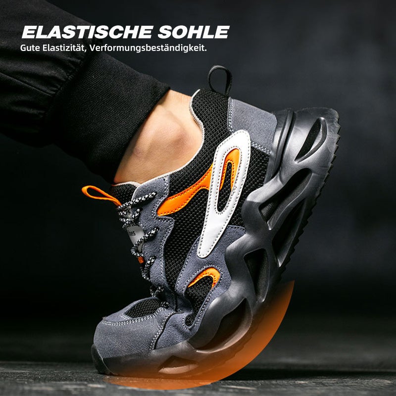 Flex-Test: EVA-Luftpolster federt, Schuh Grau-Orange biegt sich auf Geländer