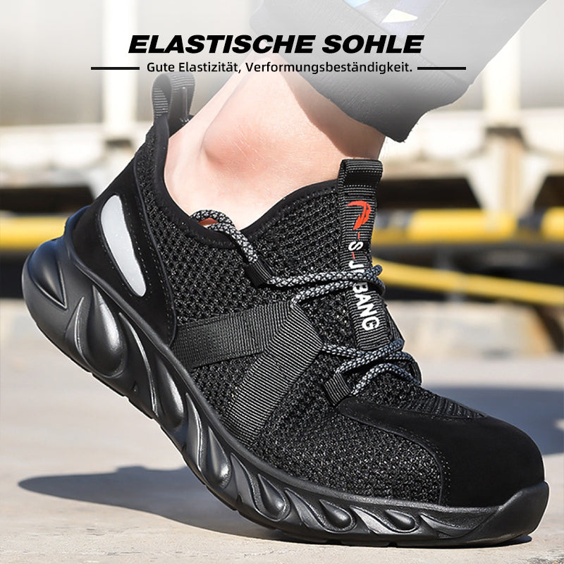 Schwarz-Gelber Schuh trifft auf Holzbalken, Stoßdämpfung