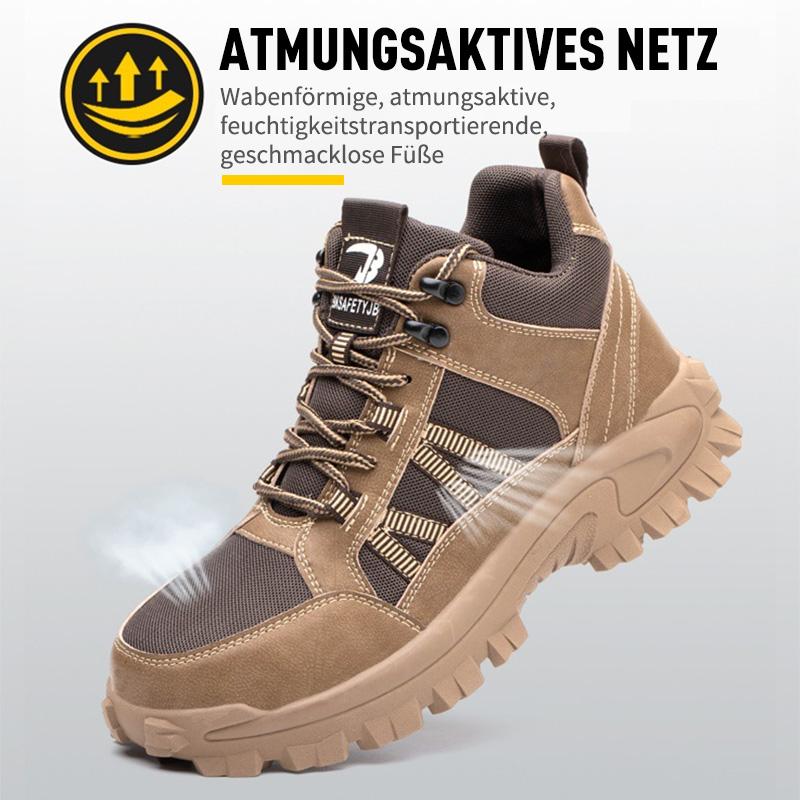 Infografik „Atmungsaktives Netz“: Beige Schuh zeigt Mesh-Obermaterial