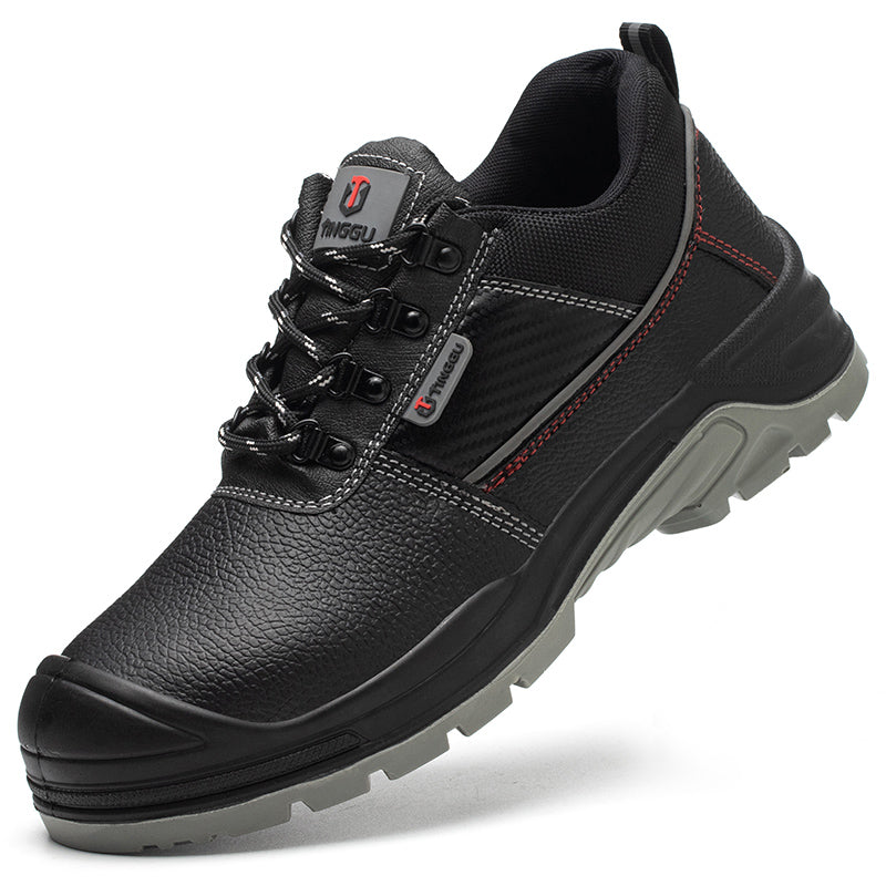 S3 Sicherheitsschuh Anti-Smash Schwarz, rote Nähte, Stahlkappe – Seitenansicht