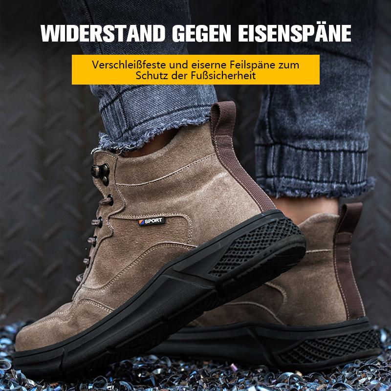 Braun-Grau Schuh auf Wasserpfütze, seitliche Spritzkantendichtung