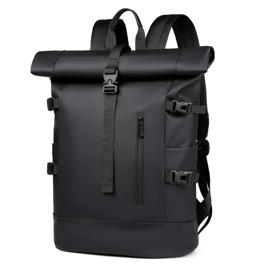 Henner Impact Rolltop Rucksack schwarz – Frontansicht auf weißem Hintergrund