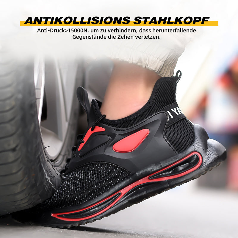 Nagelbrett-Demo: Kevlar-Durchtrittschutz S1P Schwarz-Rot