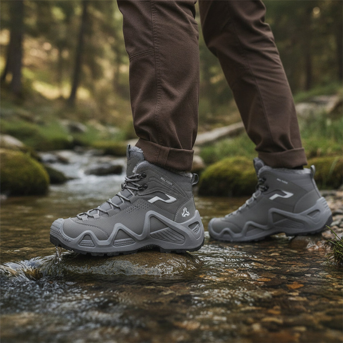 Henner Hennert Mount 2.0 Warmfutter Wanderschuhe Unisex in Grau – Überquerung eines Bachs