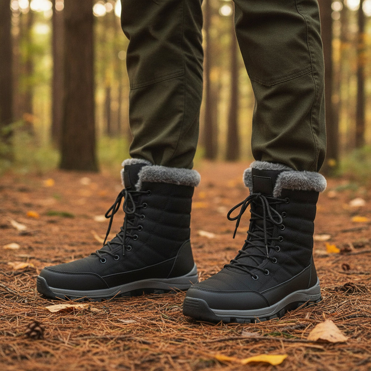 Henner Peak – Barfußschuhe für Winter und Outdoor Wanderschuhe Unisex in Schwarz – auf einem Waldweg