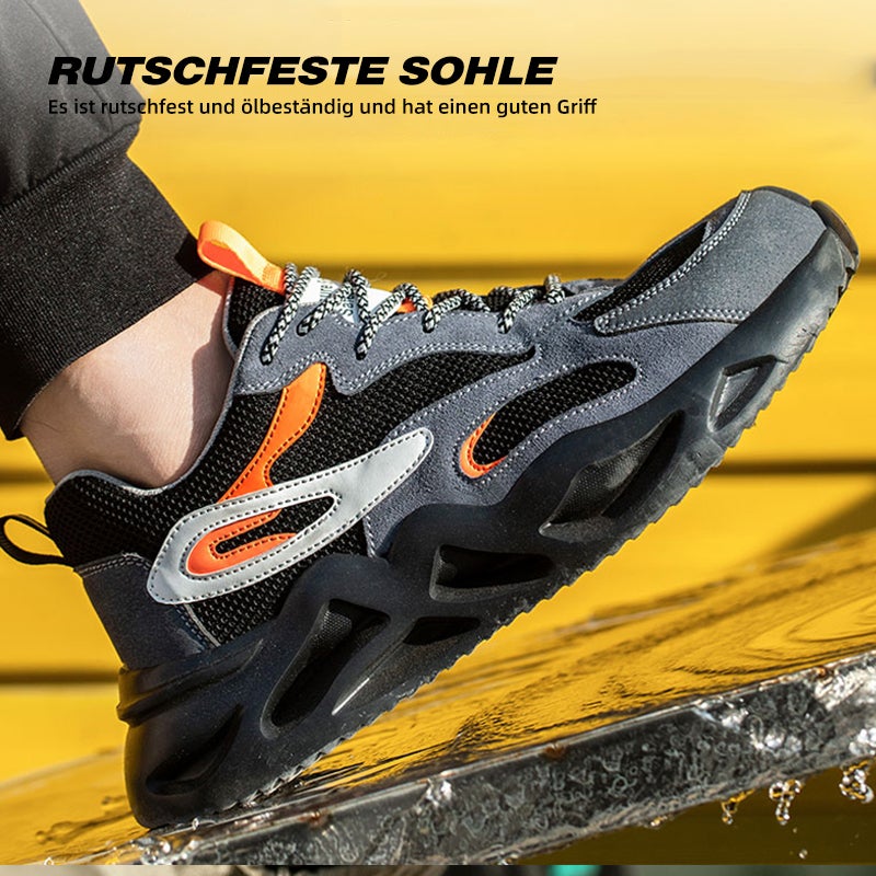 Durchtrittschutz-Demo: Schuh Grau-Orange auf Nagelbrett, Kevlar-Sohle