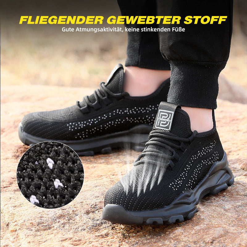 Stoßtest: Sicherheitsschuh Schwarz, Auftritt erzeugt Staubwolke