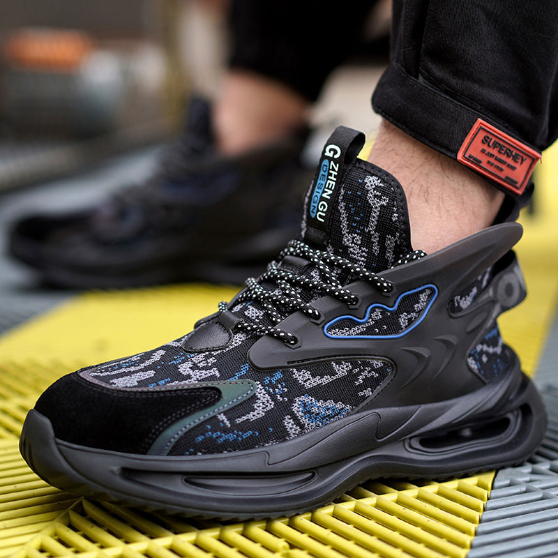 Paar Anti-Durchstich Schuhe Schwarz-Blau, Ferse angehoben, Dämpfung sichtbar