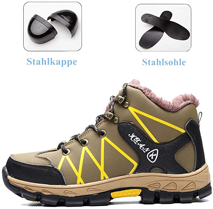Gelb-Schwarzer Schuh auf verschneitem Bergpfad, Outdoor