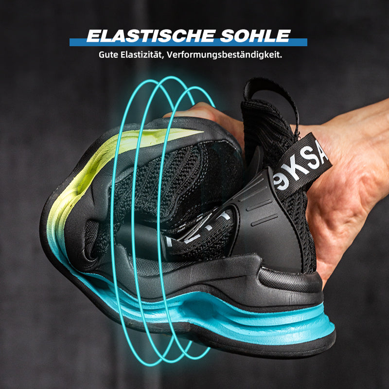 Querschnitt Sohle: Stahlkappe, Kevlar-Einlage, Luftpolster – S1 Schuh