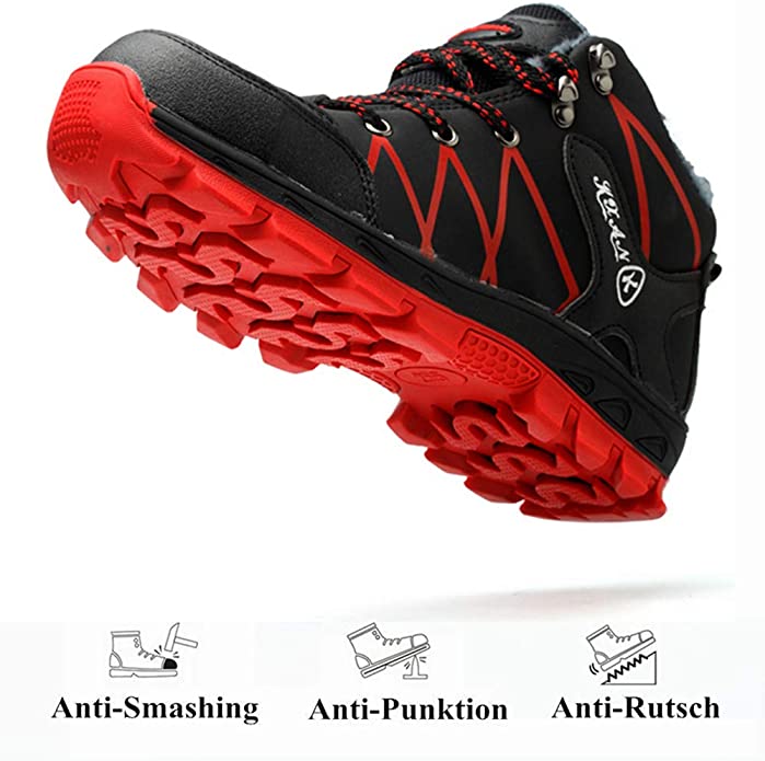 Schuh Schwarz-Rot von oben, zeigt rote Laufsohle & Zehenschutz