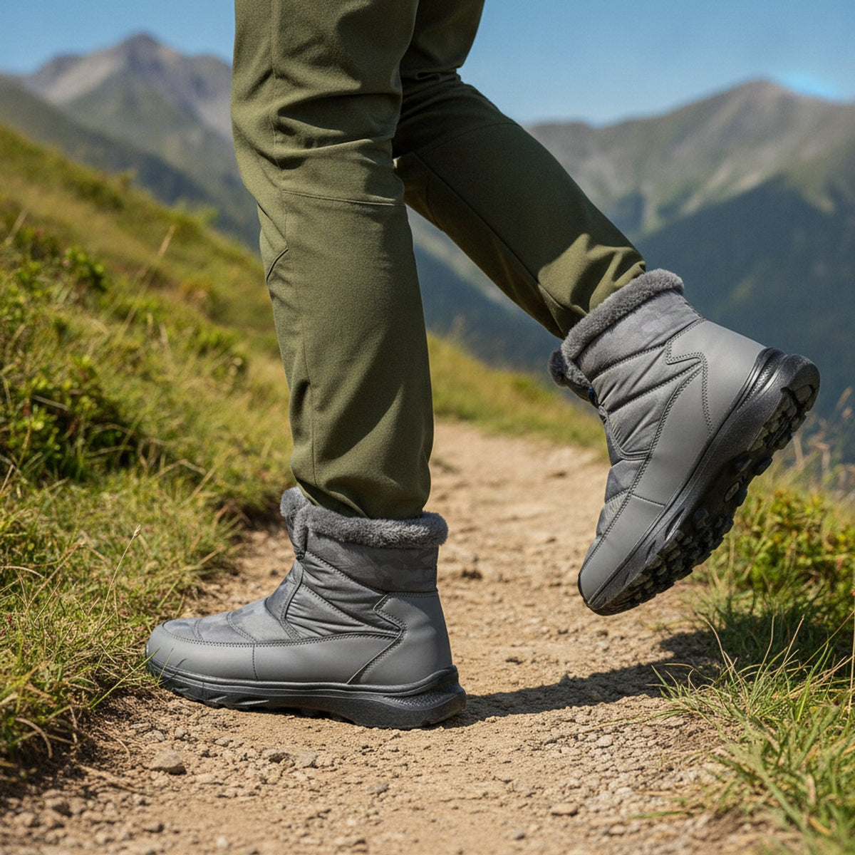 Henner Mut – Winterstiefel mit Seitlicher Reissverschluss Wanderschuhe Unisex in Grau – seitliche Gehbewegung auf dem Wanderweg