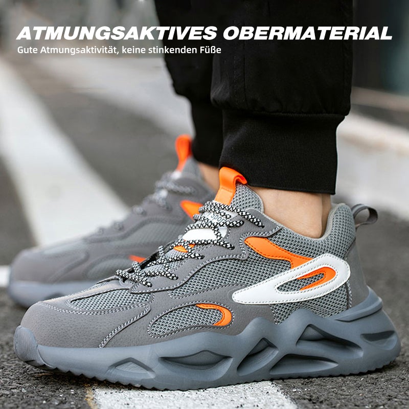 Paar Grau-Orange getragen, Schritt auf gelb-schwarzem Gitter – linke Seite