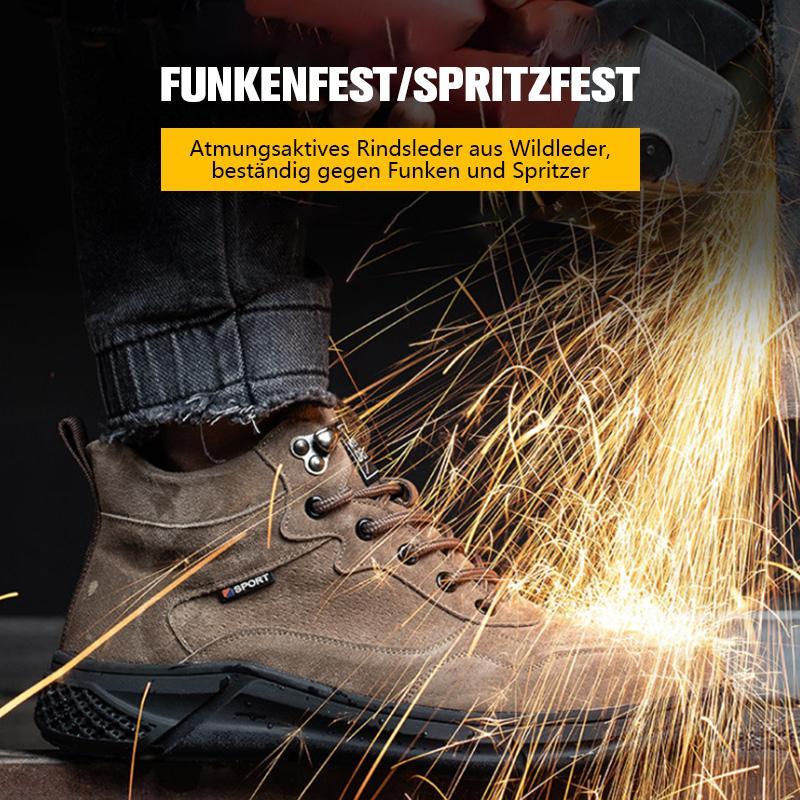 Funkenbeständig – Funkenflugtest am braunen Schuh, Oberleder schützt