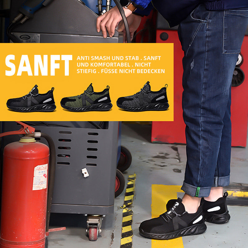 Collage: 4 Labor-Tests (Hammerschlag, Biegung, Gewicht, Durchstich)