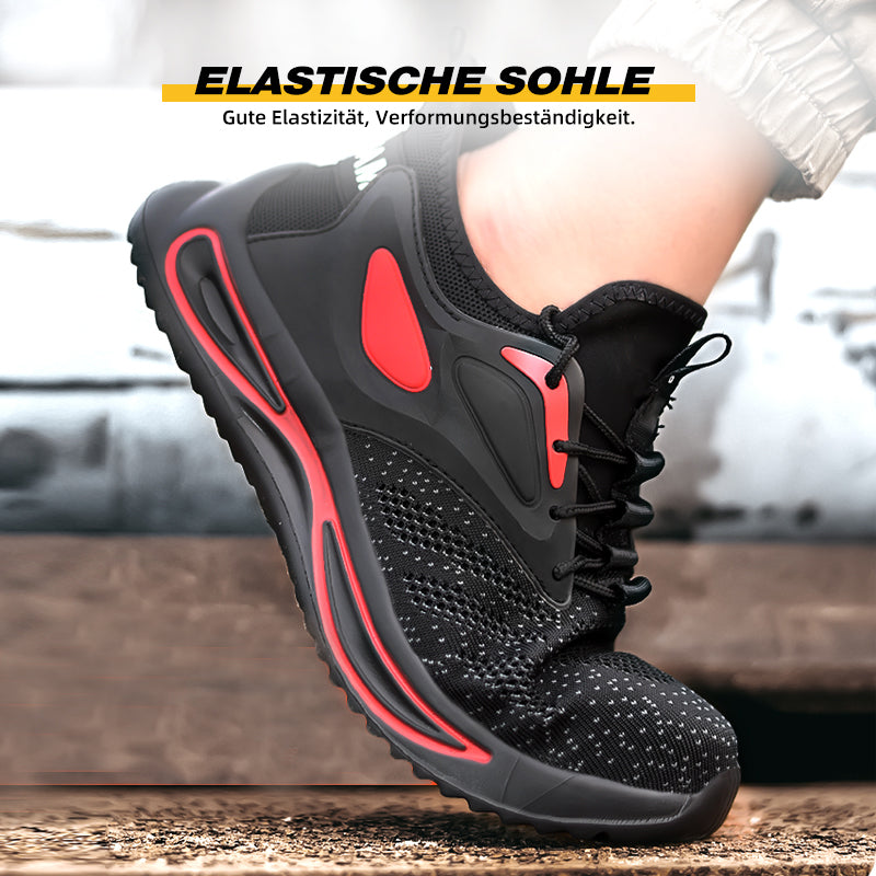 Paar S1P Sicherheitsschuhe Schwarz-Rot getragen, rechte Seite