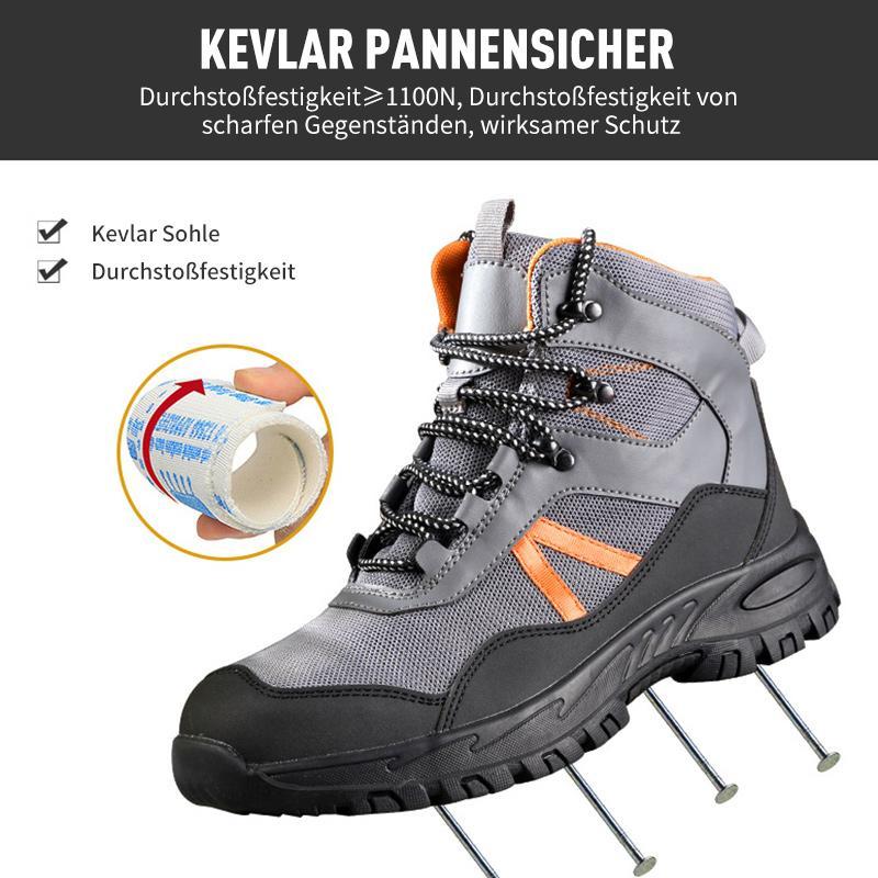 Infografik „Kevlar Pannenschutz“ – Querschnitt Schuh Grau-Orange