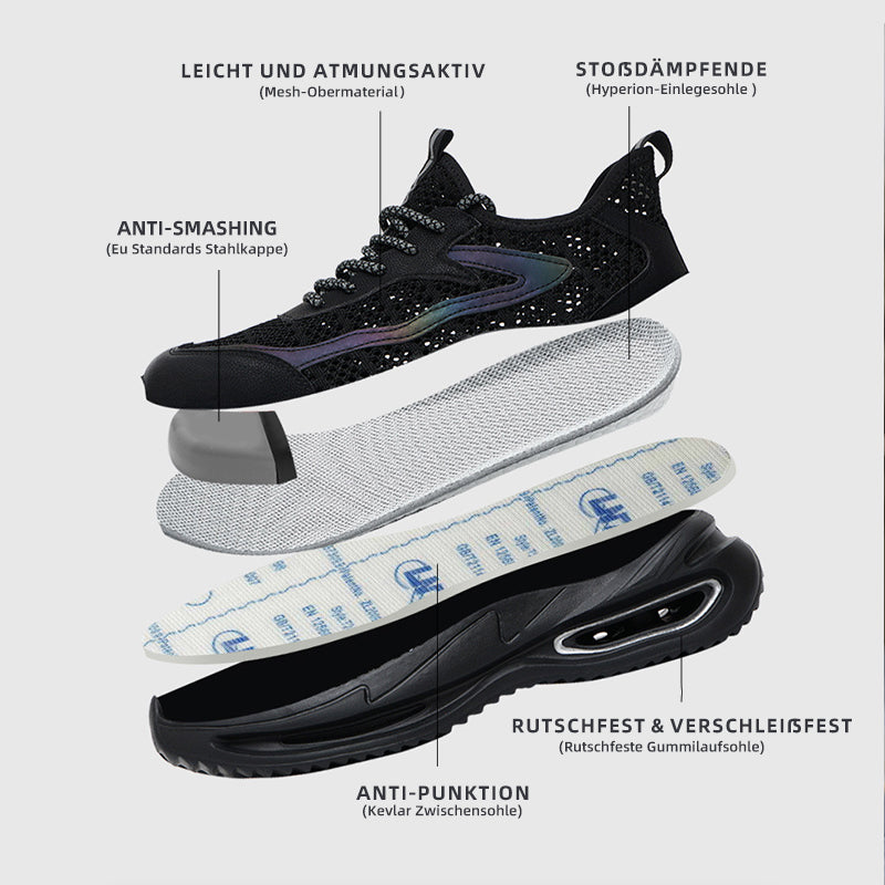 Kevlar-Durchtrittschutz: Schwarzer Schuh auf Nagelbrett