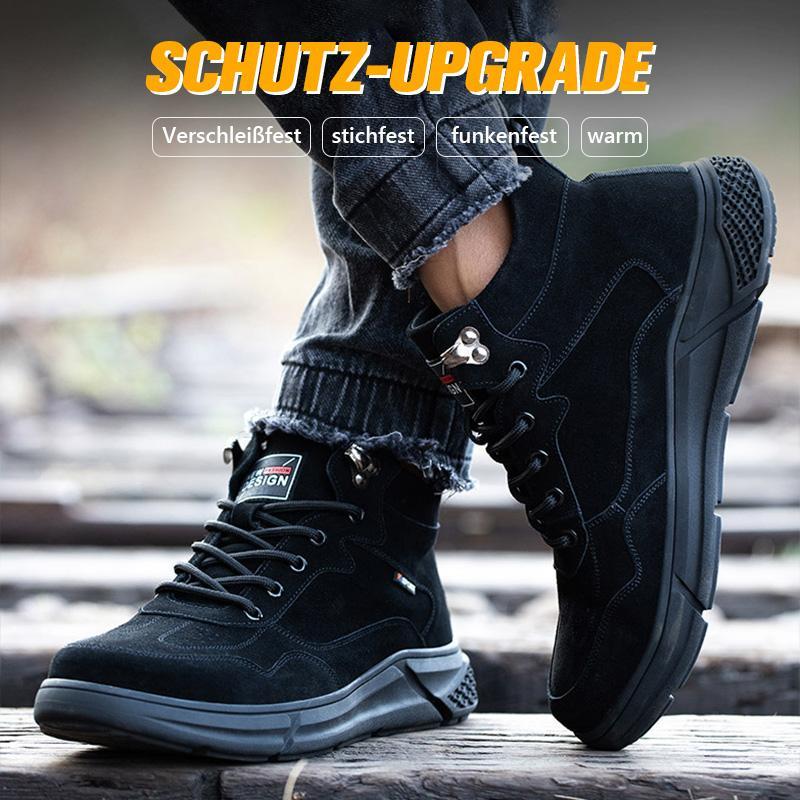 “Schutz-Upgrade” – Schwarzer Schuh tritt auf Metallgitter, rutschfest