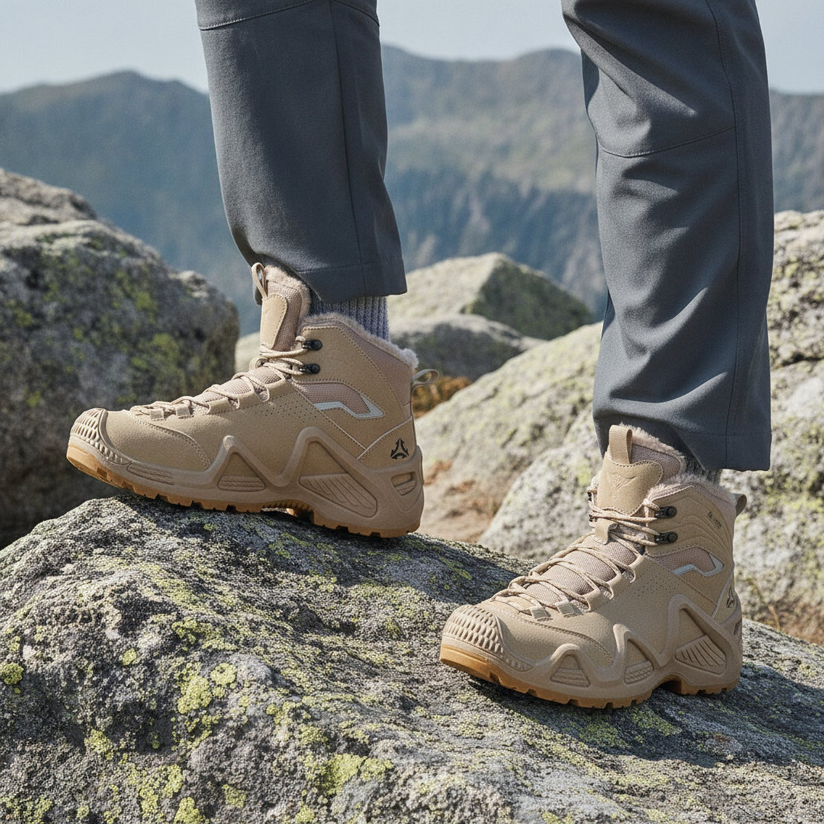 Henner Hennert Mount 2.0 Warmfutter Wanderschuhe Unisex in Beige – Fuss auf einem Felsen am Bergpfad