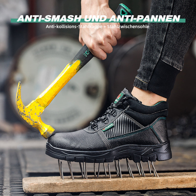 Flexibilitätstest: S3 Schuh Schwarz unter Kreissägedruck, Stahlkappe schützt