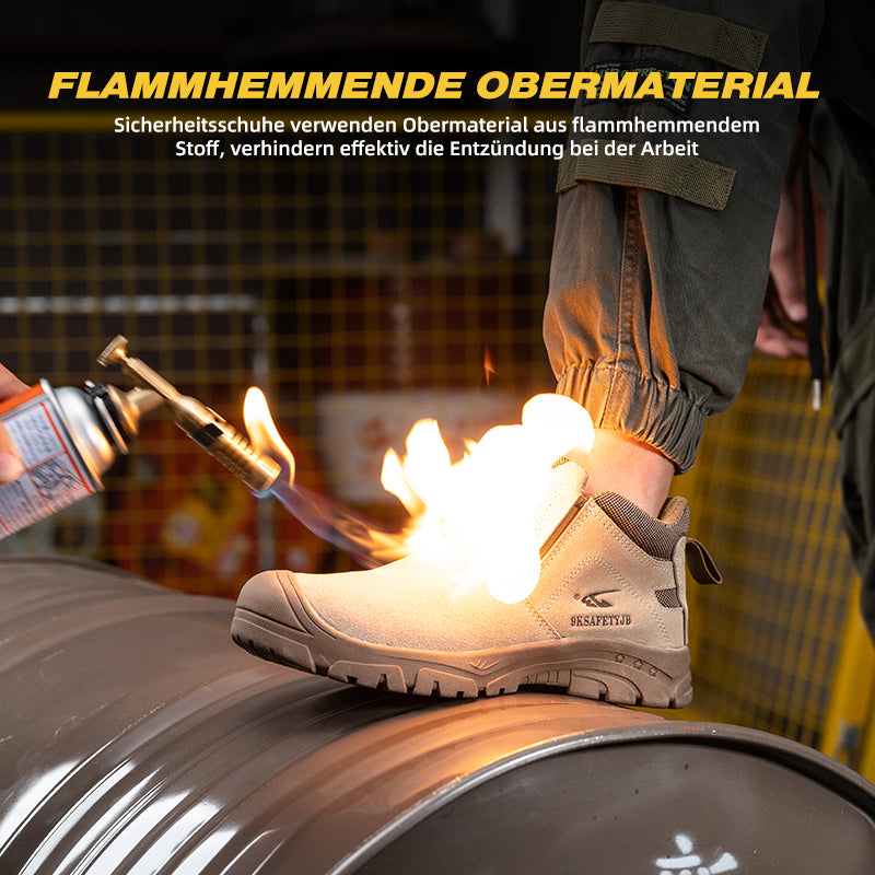Hitzetest: S1P Sicherheitsschuh Beige, Sohle widersteht glühendem Metall