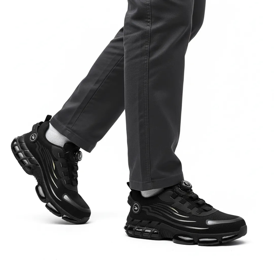 Henner Z90 arbeitsschuhe getragen beim Gehen, seitliche Ansicht, schwarz, Arbeitshose