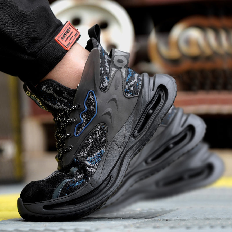 Anti-Smash Schuh Schwarz-Blau, Seitenansicht auf Gelber Fläche