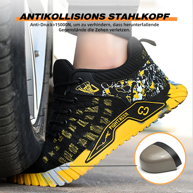 Kevlar-Durchtrittschutz: Gelber Sicherheitsschuh auf Nagelbrett