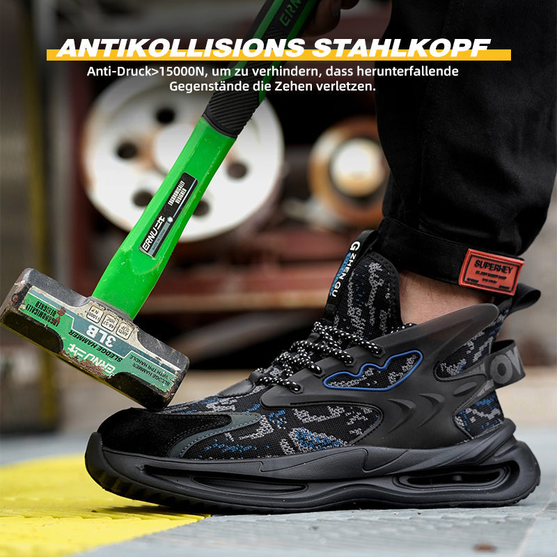 Stahlkappen-Hammertest am Anti-Smash Sicherheitsschuh Schwarz-Blau